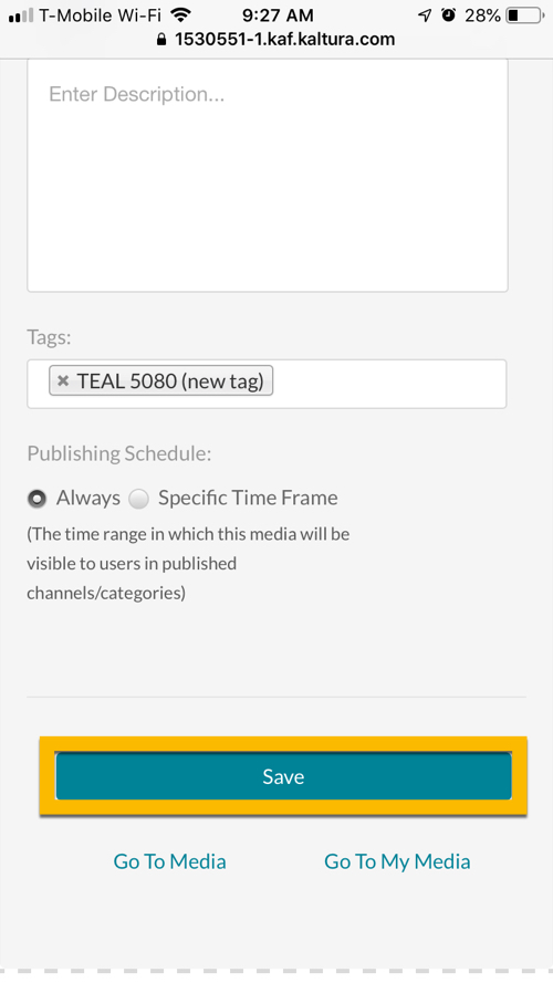 canvas app after video has been uploaded, name edited, tag added with course title and save button highlighted