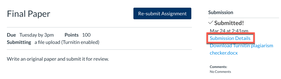 Assignment details with submission details link highlighted