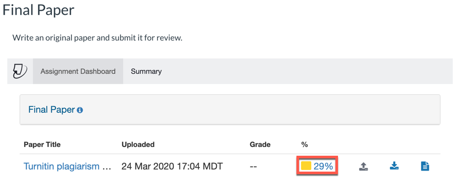 Assignment submission details page with Turnitin flag and matching percentage 