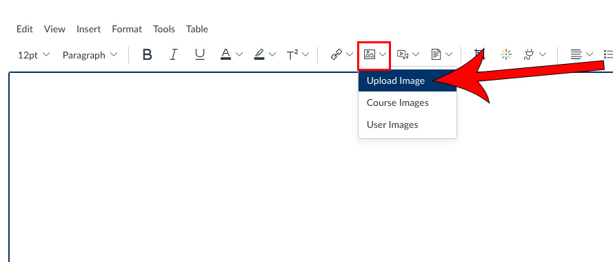Canvas formatting toolbar with Embed icon highlighted and arrow pointing at Upload Image option