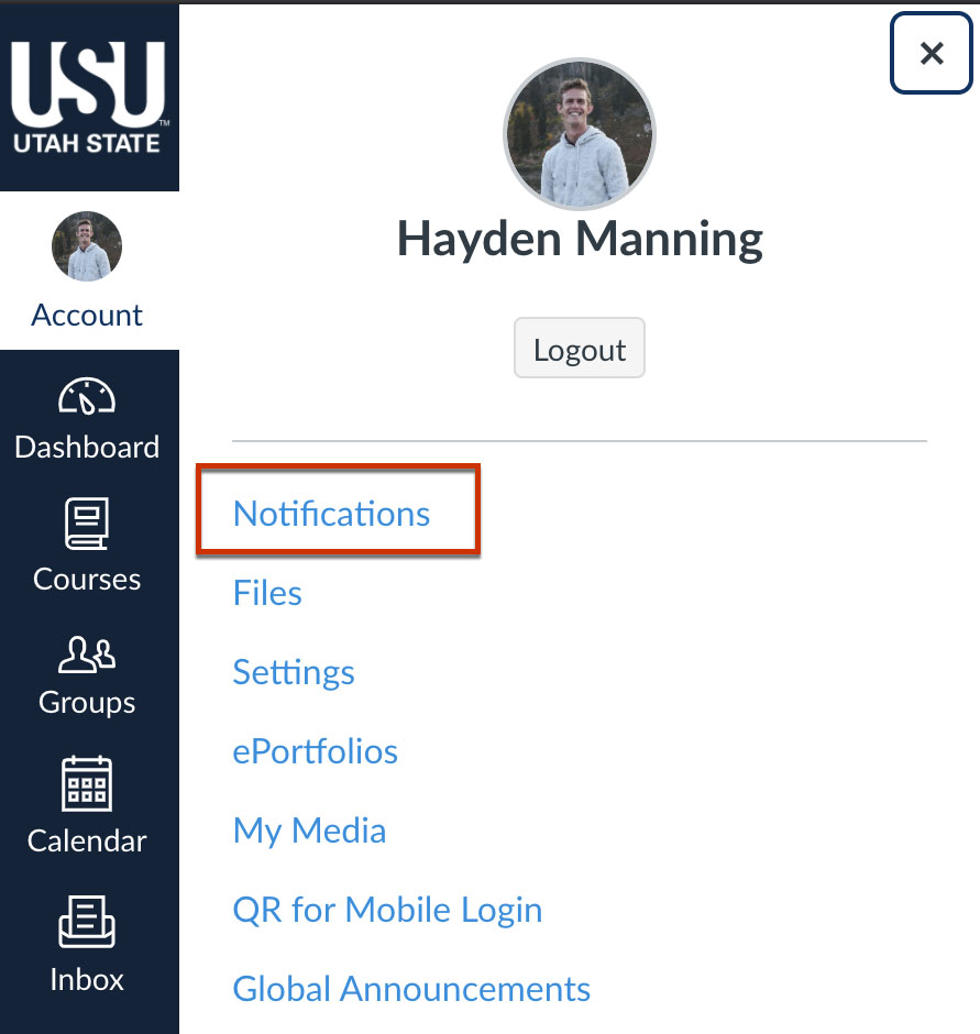 Canvas page with user profile selected and Notifications link highlighted