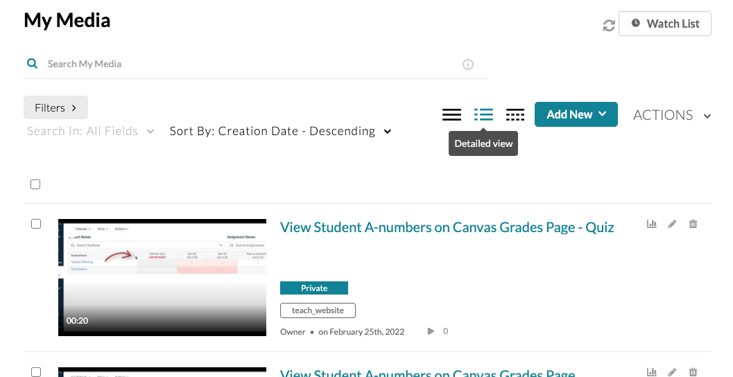 My Media detailed view