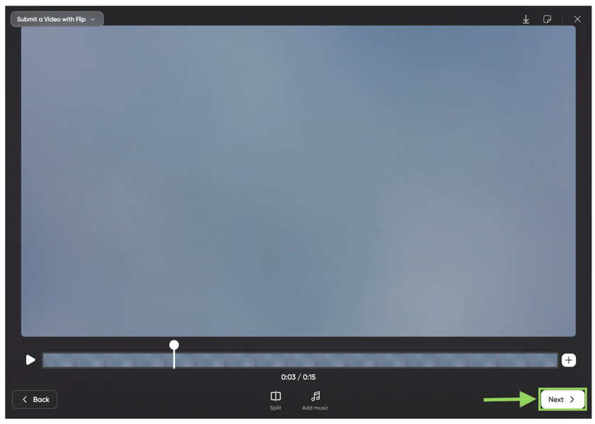 video edit preview with arrow pointing at highlighted Next button