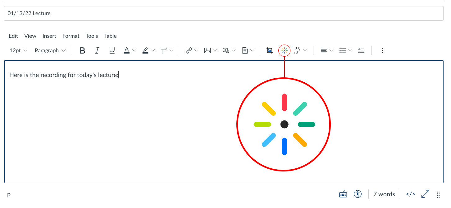 kaltura icon highlighted in the discussion reply box tool panel
