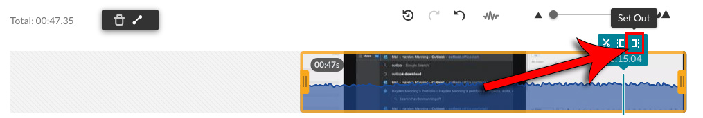 arrow pointing at ] icon in the My Media video editor