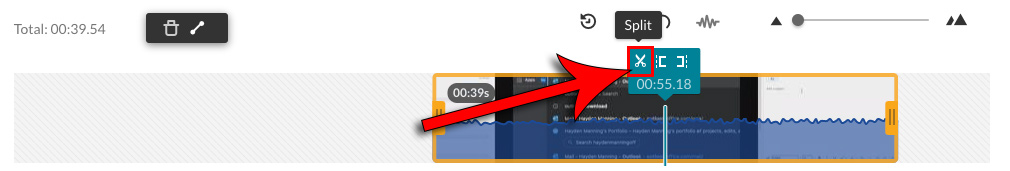 arrow pointing at scissors "split" icon in the My Media video editor