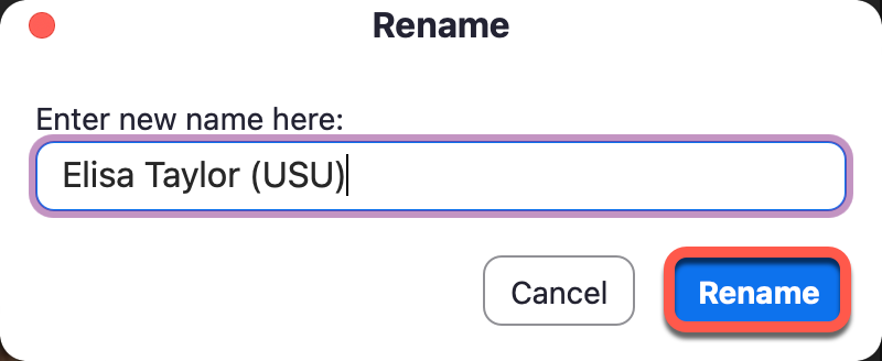rename pop-out box open with desired name entered