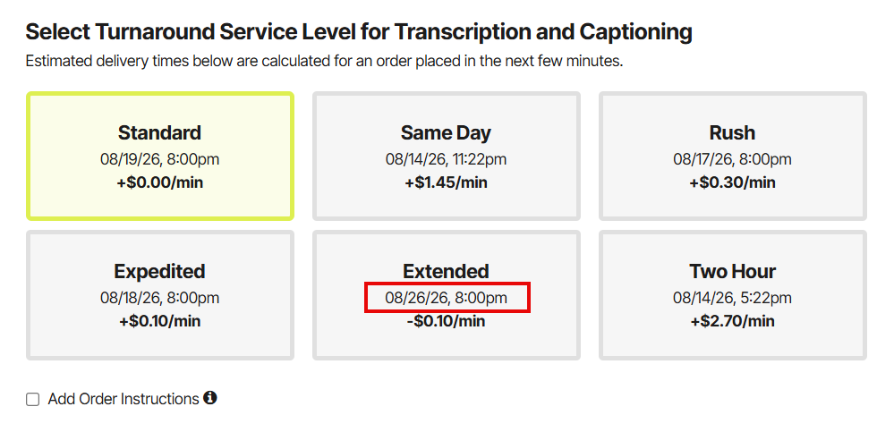 3Play Media order page with the turnaround levels highlighting the time when a selected turnaround time would be finished by.