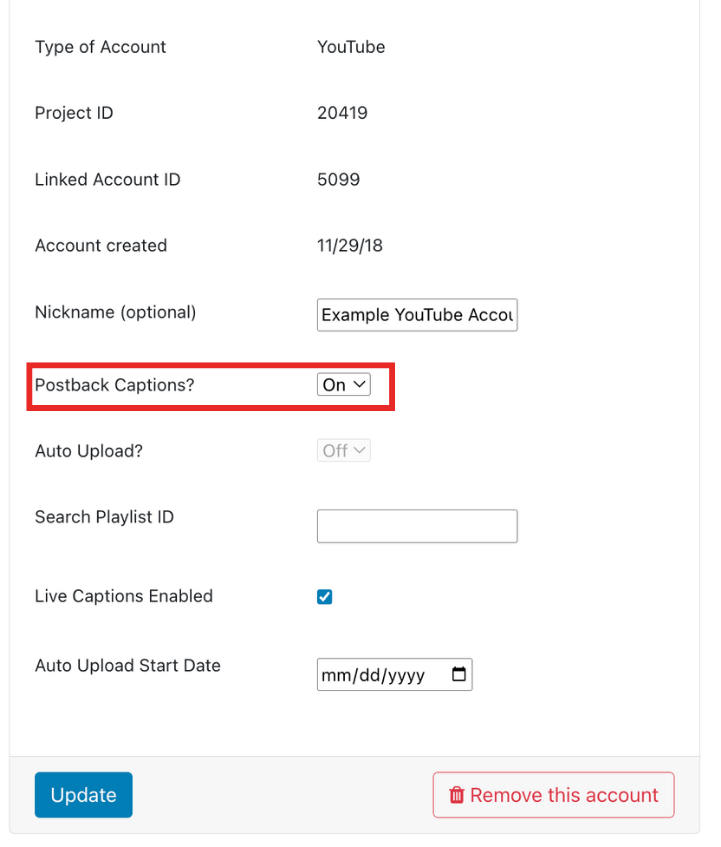 3Play settings menu with the postback captions dropdown set to on.