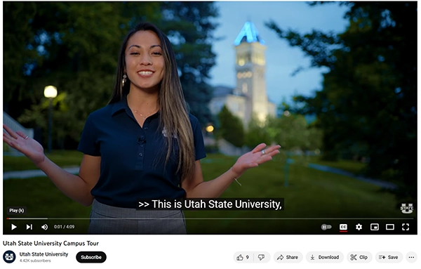 A YouTube video of a person wearing a Utah State shirt, captioned with "Welcome to Utah State."