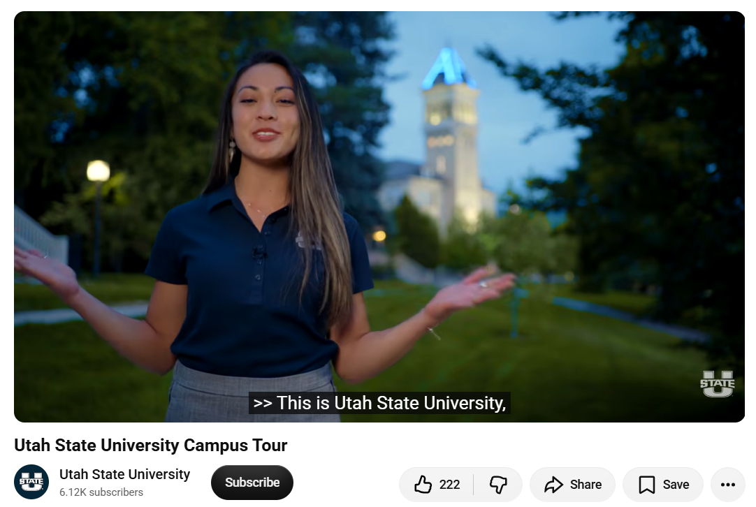 A YouTube video of a person wearing a Utah State shirt, captioned with "This is Utah State University."