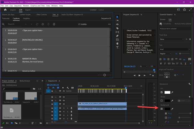 Adobe Premiere Pro Captions and Graphics workspace with a video's captions. A red arrow points to the background checkbox.