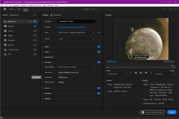 Export menu in Adobe Premiere Pro. 