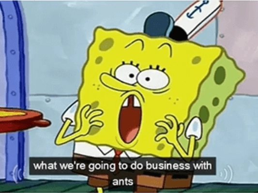Spongebob with a shocked faces and the caption "what we're going to do business with ants".