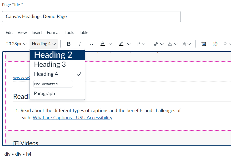 Canvas page editor showing a formatting style dropdown menu with "Heading 4" selected.