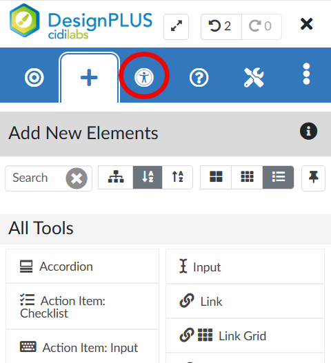 DesignPLUS interface in Canvas, showing the accessibility checker icon circled in red.