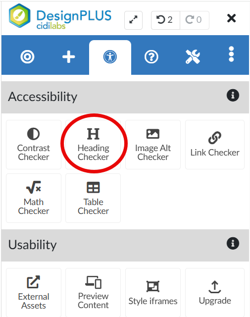Screenshot of the DesignPLUS interface in Canvas LMS, showing the Accessibility panel with the "Heading Checker" icon circled in red.