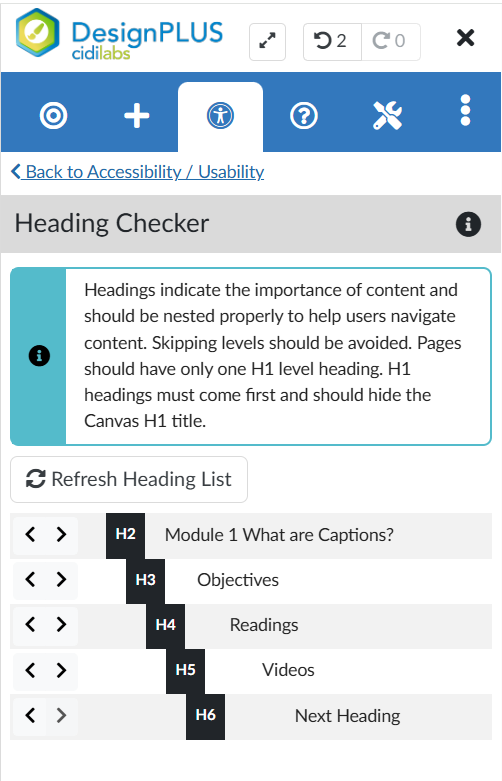 DesignPLUS Heading Checker tool in Canvas, displaying a list of headings with proper nesting.