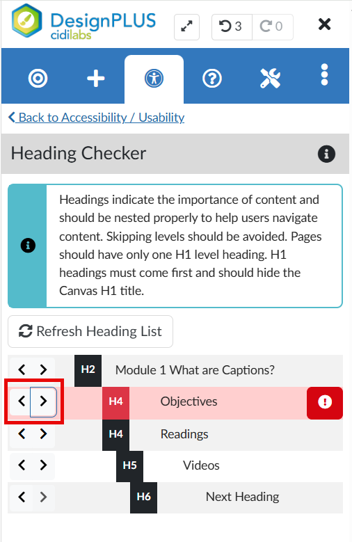 DesignPLUS Heading Checker tool in Canvas, showing a heading structure error with an "H4" heading incorrectly nested under an "H2" heading, highlighted in red with a warning icon.