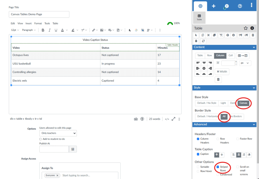 Adding striped rows and preset styling to a table with CIDILabs DesignPlus.