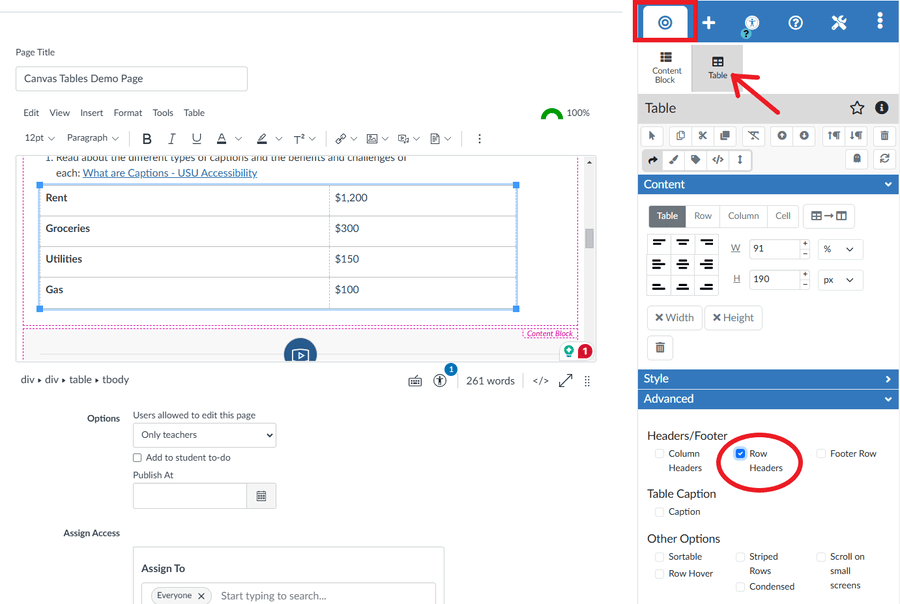 Adding row headers from the Table tab in CIDILabs DesignPlus.