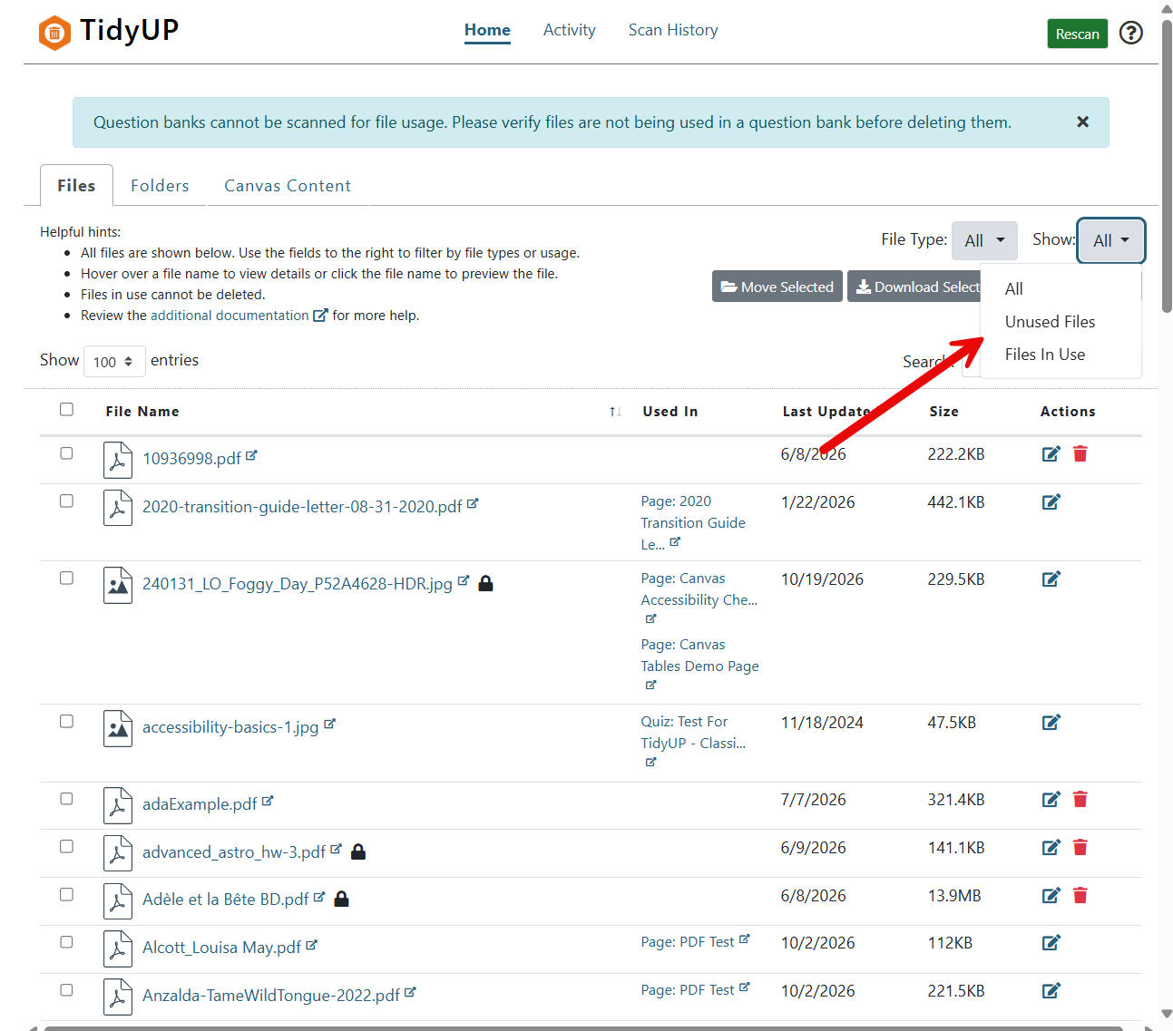 The TidyUP report for a course with a red arrow pointing to the filter option Unused Files under the Show dropdown.