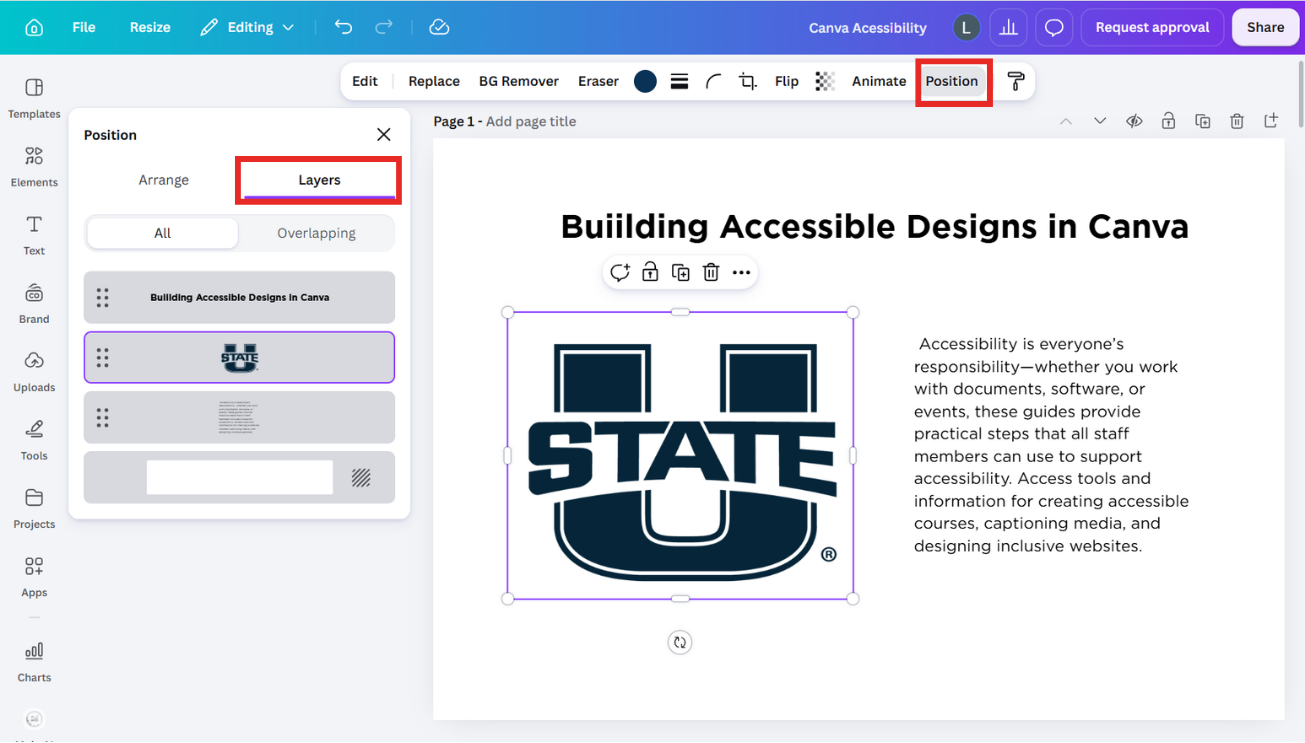 Canva design editor desktop is shown with an element highlighted and the position option in the upper nav boxed. The position window is open next to the design with the layers tab visible.