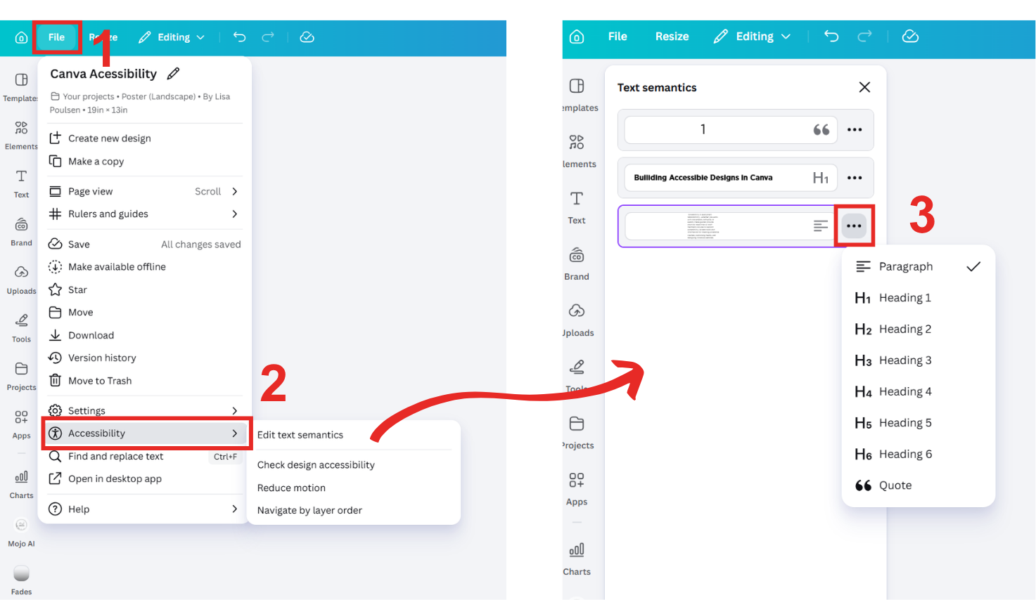 The navigation process to get to the text semantic editor is shown in 3 steps with red boxes highlighting File in the main nav bar, accessibility in the file drop down menu pointing to another small menu with Edit text semantics as an option. The edit text semantic window shows a box around the 3 dot (more) option and a pop out menu with all the heading level options.