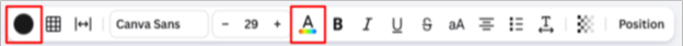 Canva text editing toolbar with the text color selector on the far left outlined in a red box, and the text formatting color option (letter “A” with a color underline) highlighted with a red box near the center of the toolbar.