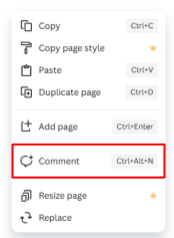 Canva context menu with multiple options displayed, including Copy, Paste, Duplicate page, and Add page. The “Comment” option is highlighted with a red box in the middle of the menu.