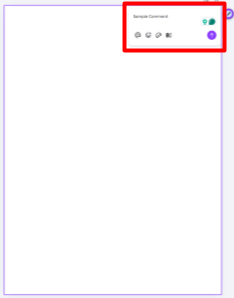 Canva canvas with a blank page outlined in purple. A comment box labeled “Sample Comment” appears in the top right of the page and is outlined in a red box, showing comment controls and a reply icon.