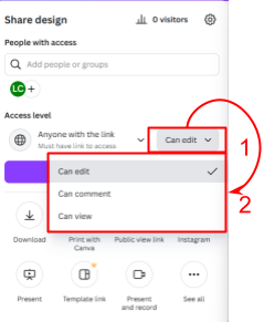 Canva “Share design” panel with the access level dropdown set to “Can edit,” outlined in a red box and labeled “1.” The expanded dropdown menu below shows options “Can edit,” “Can comment,” and “Can view,” all outlined in a larger red box and labeled “2.”