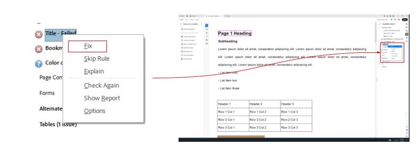 Two screenshots showing the location of the title option and the right-click information under the documents drop down menu. The left screenshot shows a close up of the title option as well as the right-click pop up information with the Fix option highlighted by a red box. The right screenshot is a full window screenshot showing the location of the title option and the right-click pop-up information, the location of both are highlighted by a red box. The two screenshots are connected by a red arrow.