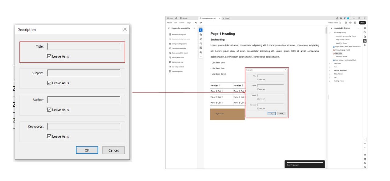 Two screenshots showing the information and location of the description pop up box. The left screenshot is a close up of the description pop up with the title text box option highlighted. The right screenshots is a full window screenshot shows the location of the description pop-up with the pop-up highlighted by a red box. The two screenshots are connected by a red arrow.
