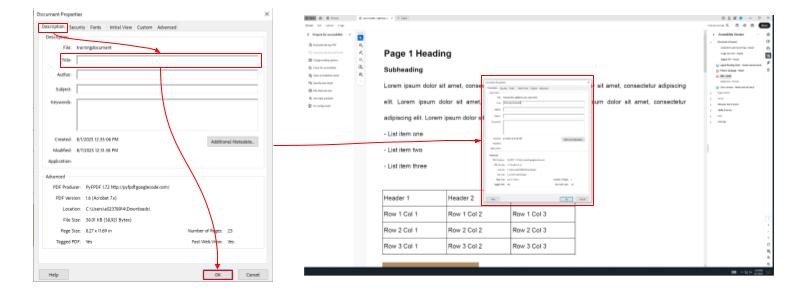 Two screenshots showing the information and location of the document properties pop-up. The left screenshot is a close up of the document properties pop-up. In the pop-up the steps the order the steps that the user should take are highlighted in red boxes and connected with red arrows. The order is the description tab, the title text box, and then the ok button. The right screenshot is a full window screenshot showing the location of the document properties pop-up on the page. The two screenshots are connected with a red arrow.