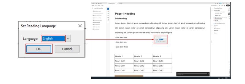 Two screenshots showing the information and location of the set reading language pop-up. The left screenshot shows a close up of the set reading language pop-up with the language drop down option and the ok button highlighted by a red box. The right screenshot is a full window screenshot showing the location of the set reading language box on the adobe acrobat page. The two screenshots are connected by a red arrow.