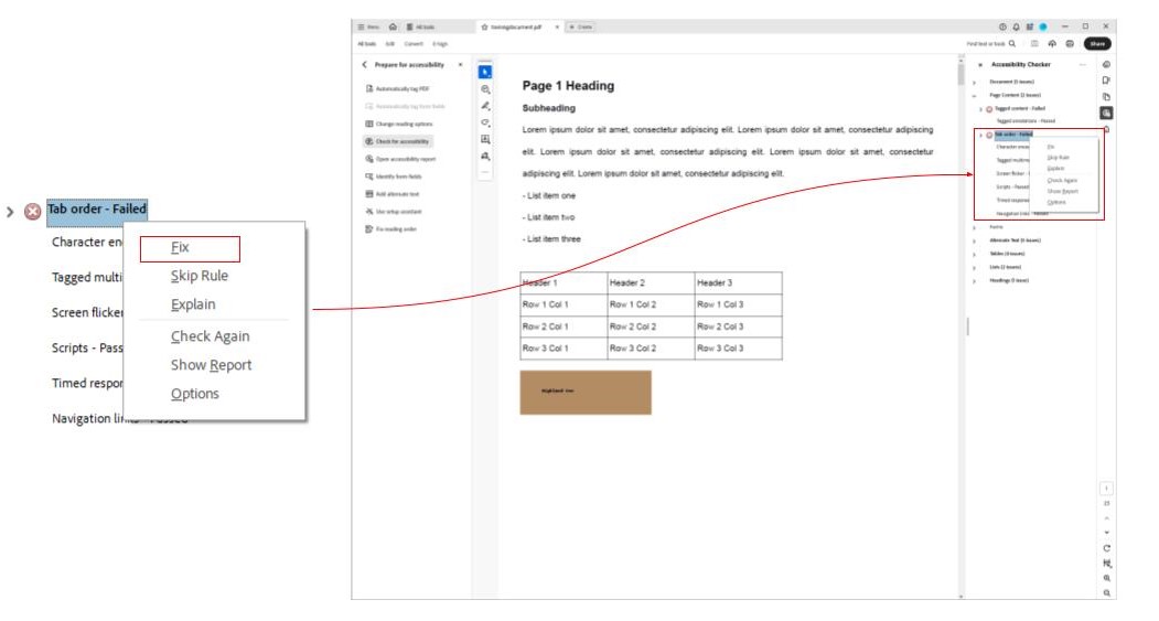Two screenshots showing the location of the tab order option and the right click info pop-up. The left screenshot is a close up of the tab order option and the right click info pop up with the fix option highlighted by a red box. The right screenshot is a full window screenshot showing the location of the tab order option and right click pop up below the document drop down menu. The pop up and the option are highlighted by a red box. The two screenshots are connected by a red arrow.