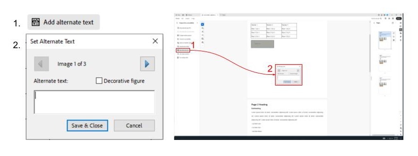Two screenshots showing the steps and location of adding alternative text. The left screenshot includes two close up screenshots showing the steps to adding alternative text. The stpes go 1. close up of the add alternate text button and 2. the set alternate text pop-up with the image nxt and previous buttons, the text box, the decorative figure option, and the save and close/cancel buttons. The right screenshot is a full window screenshot showing the location of the two steps talked about previously. The Add alternate text button is highlighted by a red box and is located below the prepare for accessibility heading and the set alternate text pop up is located in the center of the page, it is also highlighted by a red box. The red boxes are connected with a red arrow and there are red numbers outside the boxes showing the user how to navigate through the pages. Another red arrow connects the two screenshots.