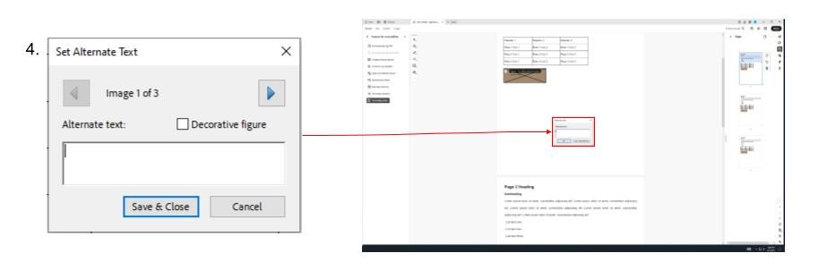 Two screenshots, continuing the steps fromt he previous screenshot, showing the location of the set alternate text pop up. The left screenshot includes a close up screenshot showing the set alternate text pop up. The right screenshot is a full window screenshot showing the location of the two steps talked about previously. The set alternate text pop up is located in the center of the page, it is highlighted with a red box. A red arrow connects the two screenshots.