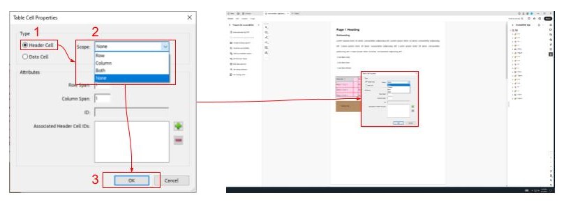 Two screenshots continuing the steps from the previous screenshot. The left screenshot is a close up of the table cell properties pop up. Red boxes and numbers highlight the order the user should follow. The steps go 1. the header cell selection 2. the scope drop down menu selection 3. the ok button. The right screenshot shows the location of the table cell properties pop-up on the adobe page. The pop-up is highlighted by a red box. A red arrow connects the two screenshots.