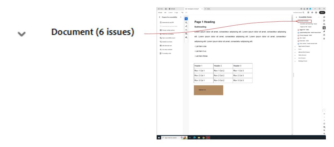 Two screenshots showing the location Documents dropdown menu. The left screenshot is a snippet of the Document dropdown menu. The screenshot on the left is of the entire adobe acrobat screen with a red box highlighting the document dropdown option. A red arrow connects the two images.