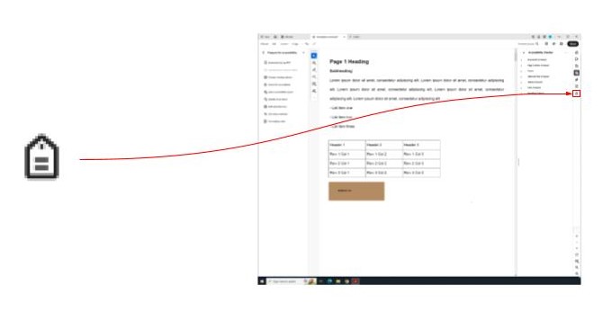 Two screenshots showing the tag icon and where to find it on the adobe acrobat screen. The righ screenshot shows the tag icon. The left screenshot is a full image of the adobe acrobat screen showing where the tag icon can be found; at the bottom of the navigation bar on the far right of the screen.
