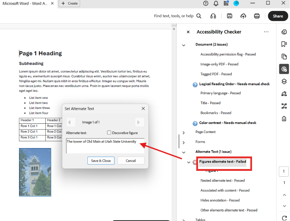Adobe Acrobat alt text window is show open from the Accessibility check error window.