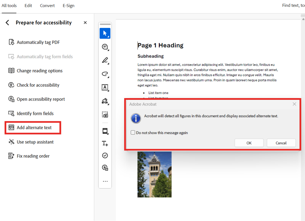 Add alternative text pop up is displayed asking to detect all figures in the document.