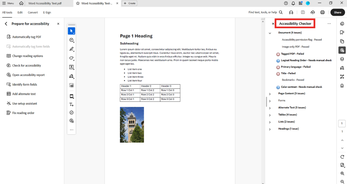 Adobe Acrobat Accessibility checker windows open with the checker sidebar highighted.