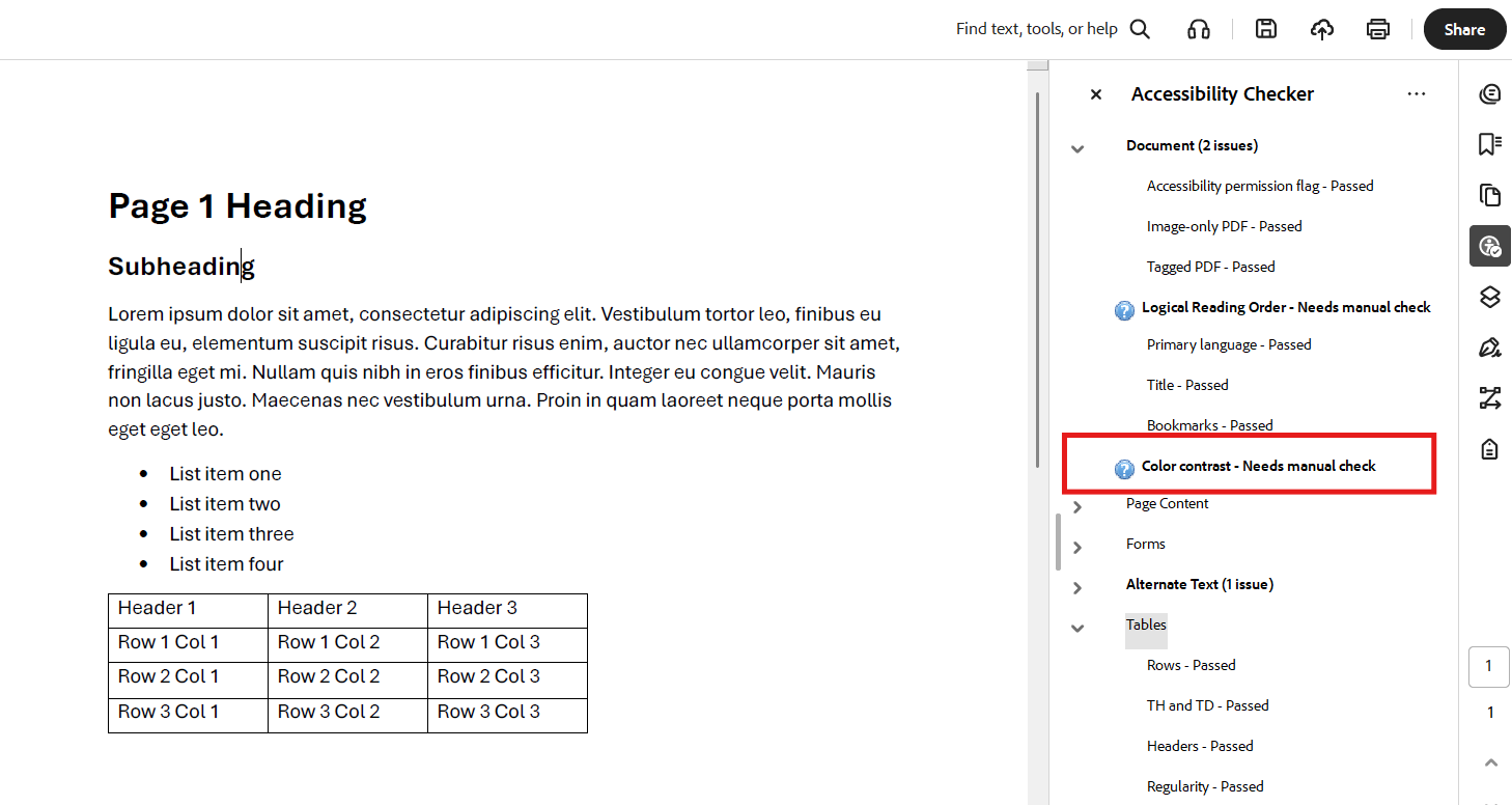 Screenshot of Adobe Acrobat Accessibility Checker panel with the Color Contast error highlighted.