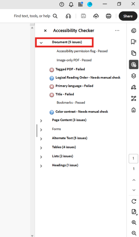 Adobe Acrobat sidebar of the Accessibility Checker with the document error section highlighted and expanded.