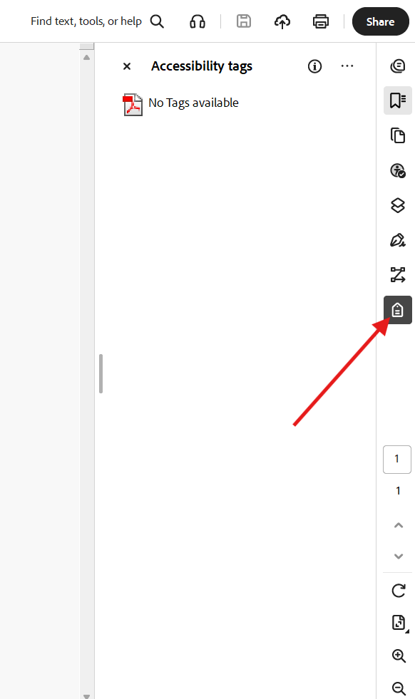 The Adobe Acrobat Accessibility tag windo is shown with no tag available. A red arrow points to the tag icon that opens this feature on the right side tool menu.