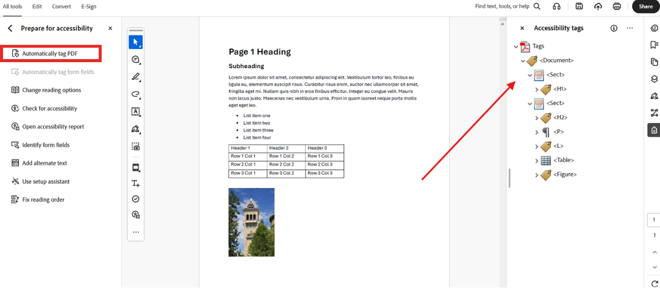 The Adobe Acrobat Prepare for accessibility menus with the Automatically tag PDF option highlighted on the right side menu and Accessibility tags created and visible on the left.