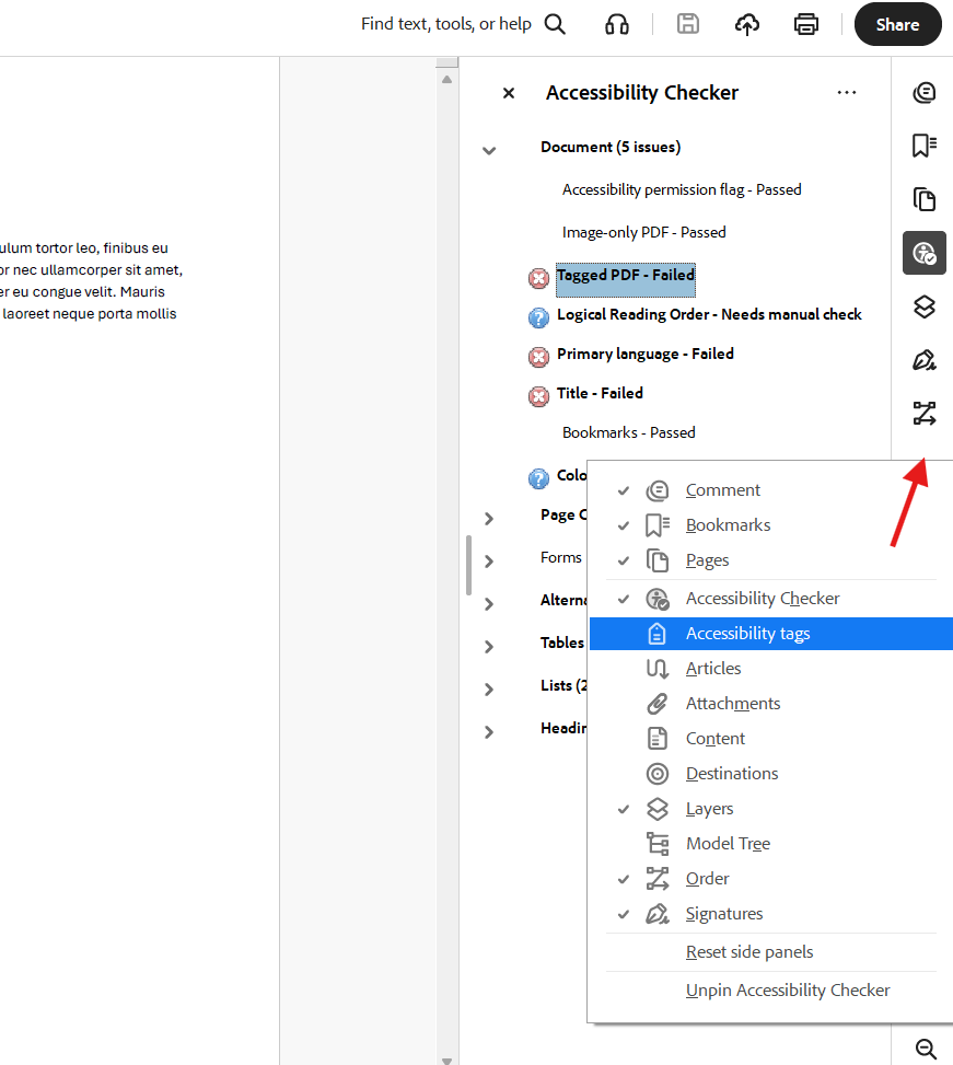 The Adobe Acrobat Accessibility checker window is shown alongside the right side tool menu. An arrow points to an empty place on the tool bar to click for the mini menu. The minin menu has the Accessibility Tag option highighted.